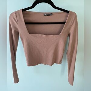 Zara Women's Tan Neutral Ribbed Long Sleeve Cropped Top Size M